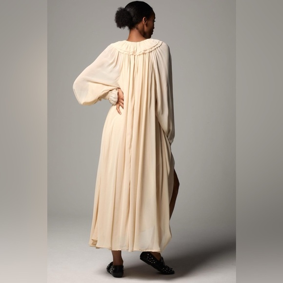 By ANTHROPOLOGIE / NWT Long-Sleeve Sheer Pleated Midi Dress cream XS - Picture 2 of 5